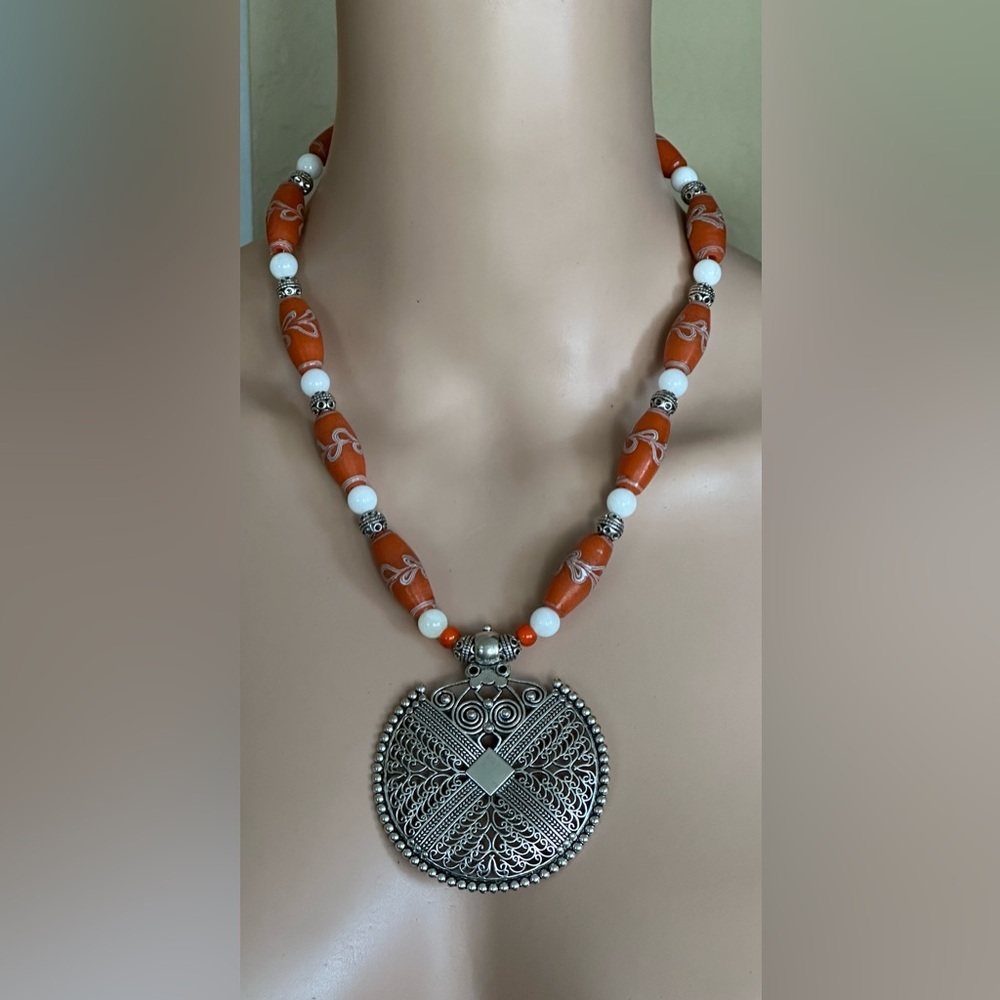 24 inch Silver and Orange Beaded Necklace NWOT